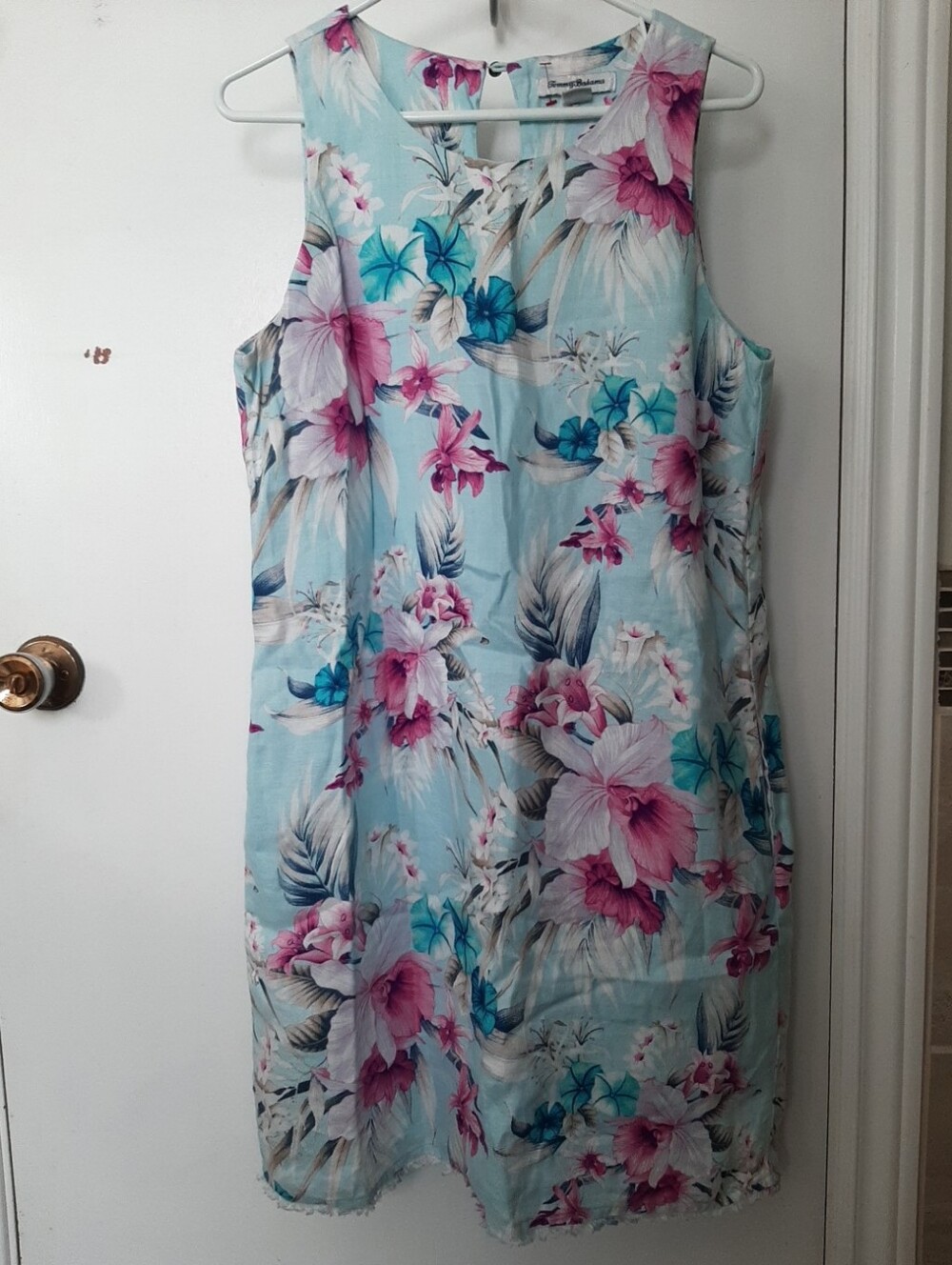 Tommy Bahama 100% Linen Sleeveless Floral Midi Dress Lined Blue/Pink Fringe